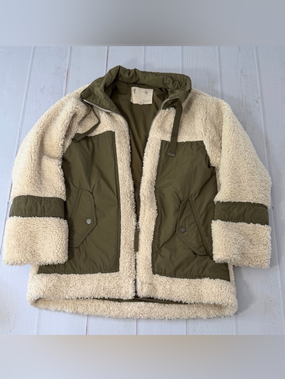 Anthropologie Pilcro Sherpa Fleece Jacket Small Cream Olive Colorblock Utility - Picture 8 of 15